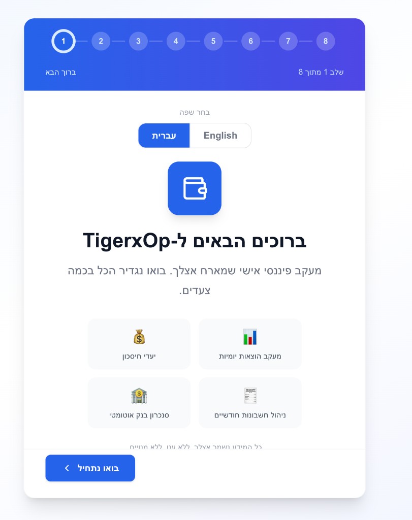 Welcome screen — Step 1 of 8